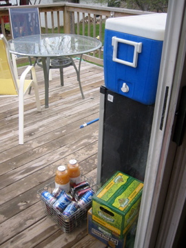 The realization that I'd stacked all the drinks next to the mini-fridge struck me funny, somehow. Never mind me.