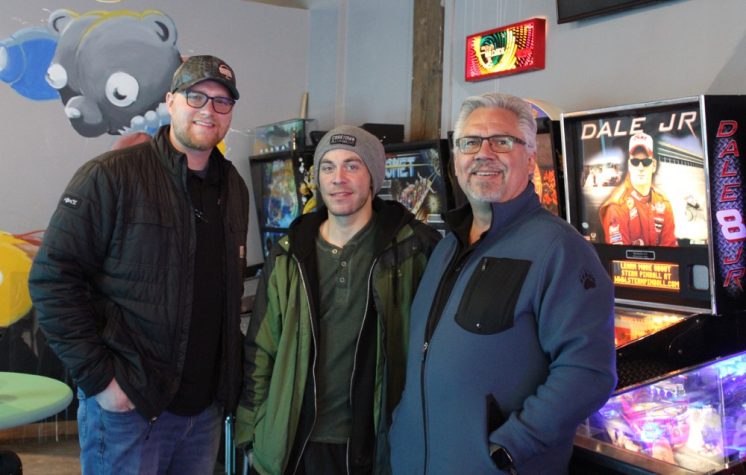Jeff Petcoff, Mike Atkinson (pinball mechanic/manager) and Tom Hanson - Photo by Lissa Maki